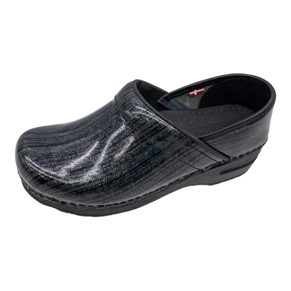 Sanita Black Silver Glitter Professional Leather Nurse Clogs 37 US 6.5 7 Women's